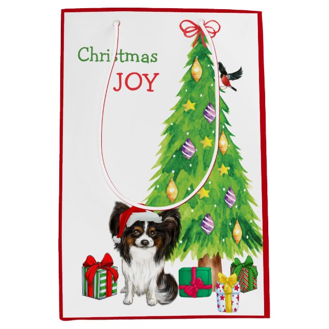 Niedliche Papillon Dog Weihnachtsmannmütze und Wei Mittlere Geschenktüte (Vorderseite)