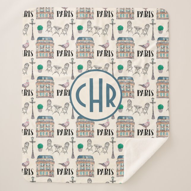 Niedliche Pariser Straße | Aquarellfarbenmonogramm Sherpadecke (Vorderseite)