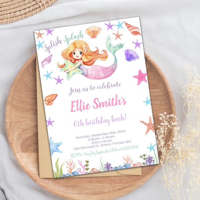 Niedliche Party-Karte für Mädchen Einladung (Pink Under the sea Mermaid Cards)