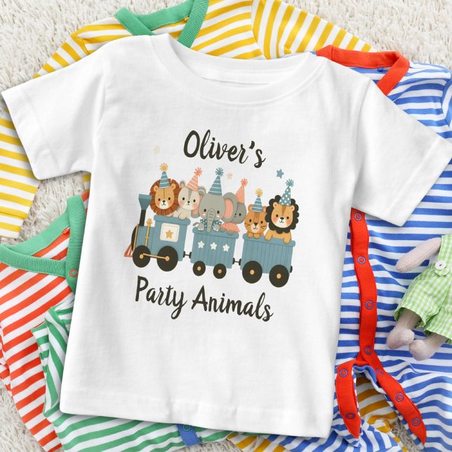 Niedliche Party Tiere im Zug Personalisiert Baby T-shirt (Von Creator hochgeladen)