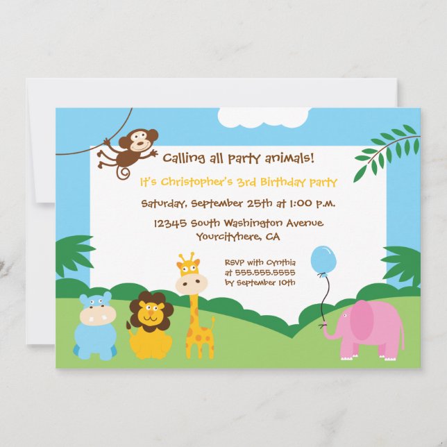 Niedliche Party-Tiere Spaß Geburtstagsfeier Einladung (Vorderseite)