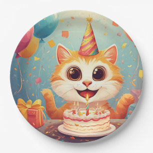 Niedliche Partykatze mit Kuchen und Ballons Pappteller