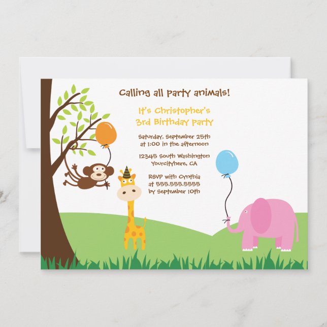 Niedliche Partytierspaß-Geburtstags-Party Einladung (Vorderseite)