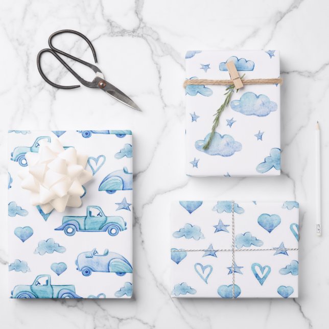 Niedliche Pastel Baby Boy Blue Trucks Wolken Herz Geschenkpapier Set (Vorderseite)