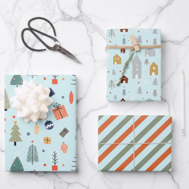 Niedliche Pastel Blauer Minimaler Weihnachtsbaum L Geschenkpapier Set (Vorderseite)