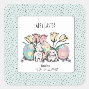 Niedliche Pastel Bunny Rabbit Happy Oaster Familie Quadratischer Aufkleber