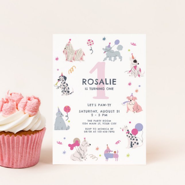 Niedliche Pastel Dog Girls zum ersten Geburtstag Einladung (Cute Pastel Dog Birthday Invite)