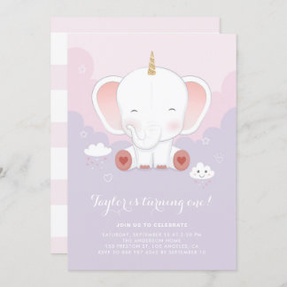 Niedliche Pastel Elephant Unicorn Erste Geburtstag Einladung