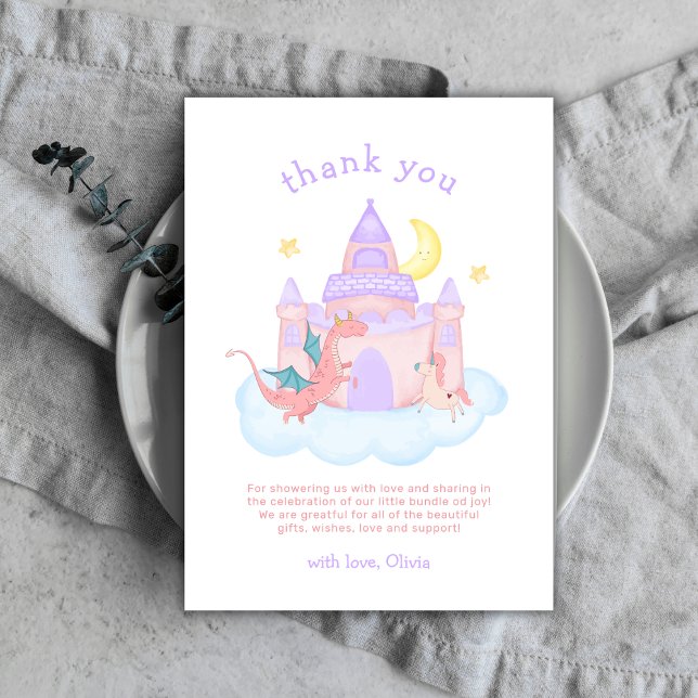 Niedliche Pastel Fairytale Dragon Unicorn Kinderdu Dankeskarte (Cute Pastel Fairytale Dragon Unicorn Baby Shower Thank You Card)