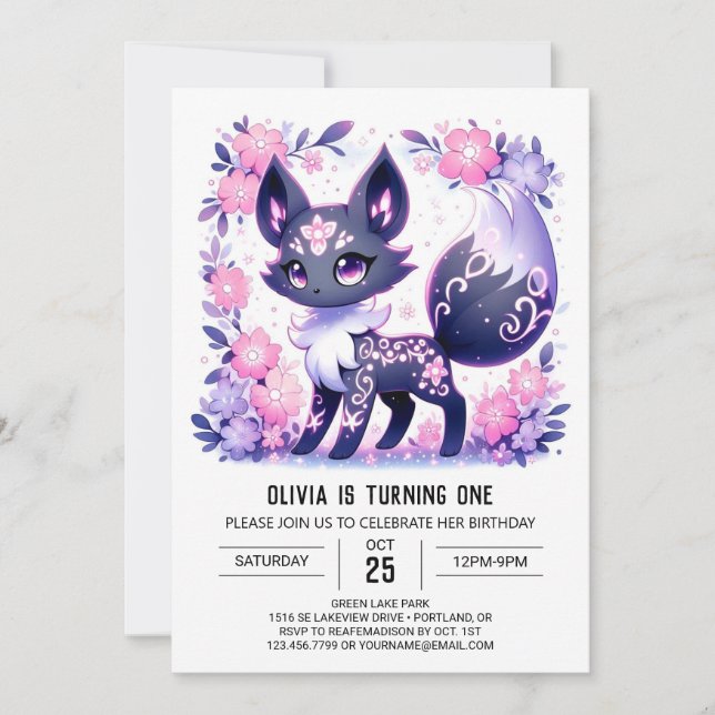 Niedliche Pastel Fox 1. Geburtstag Einladung (Vorderseite)
