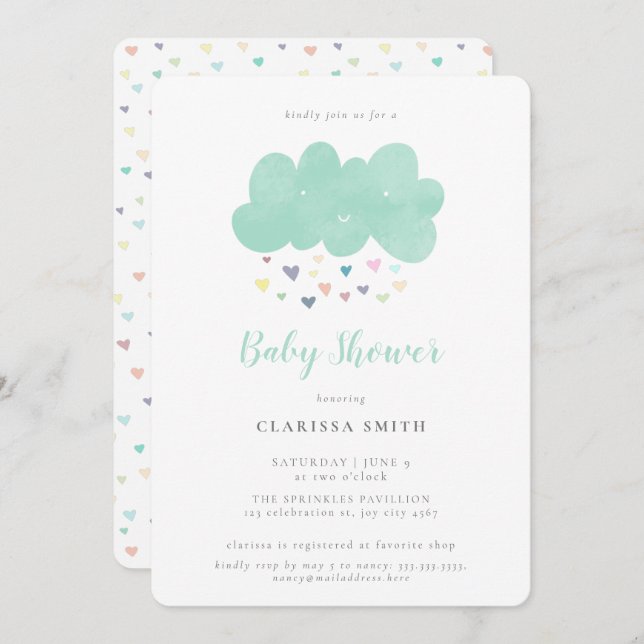 Niedliche Pastel Hearts Regen Cloud Baby Dusche Einladung (Vorne/Hinten)