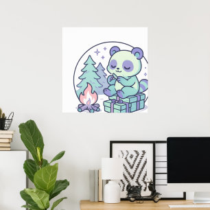 Niedliche Pastel Panda am Campfire mit Geschenken Poster