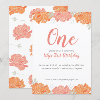 Niedliche Pastel Peonies Baby Girl's 1. Geburtstag Einladung
