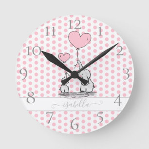 Niedliche Pastel Polka Dot Pink Baby und Mama Elef Runde Wanduhr
