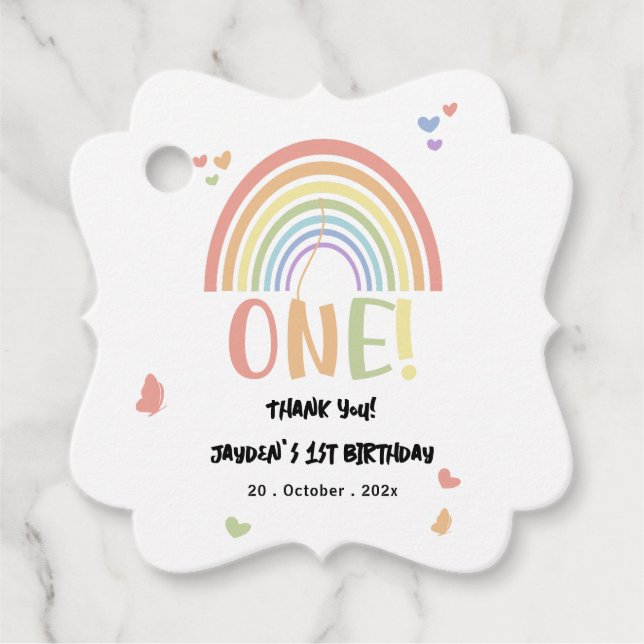 Niedliche Pastel Rainbow 1. Geburtstag Geschenkanhänger (Vorderseite)