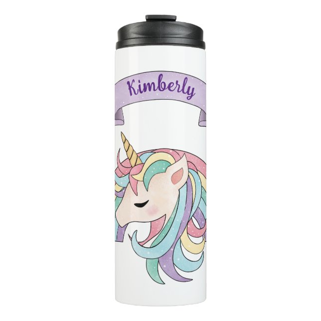 Niedliche Pastel Unicorn & Funkelnd Rainbow Indivi Thermosbecher (Vorderseite)