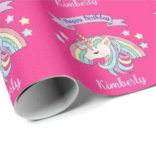 Niedliche Pastel Unicorn & Funkelnd Regenbogen auf Geschenkpapier