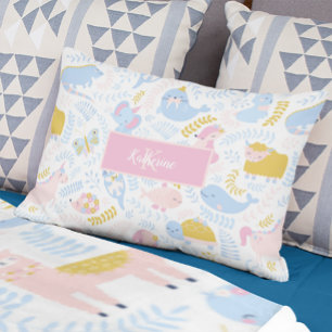 Niedliche Pastel Zoo Tier Mit Monogramm Girl Pink Dekokissen