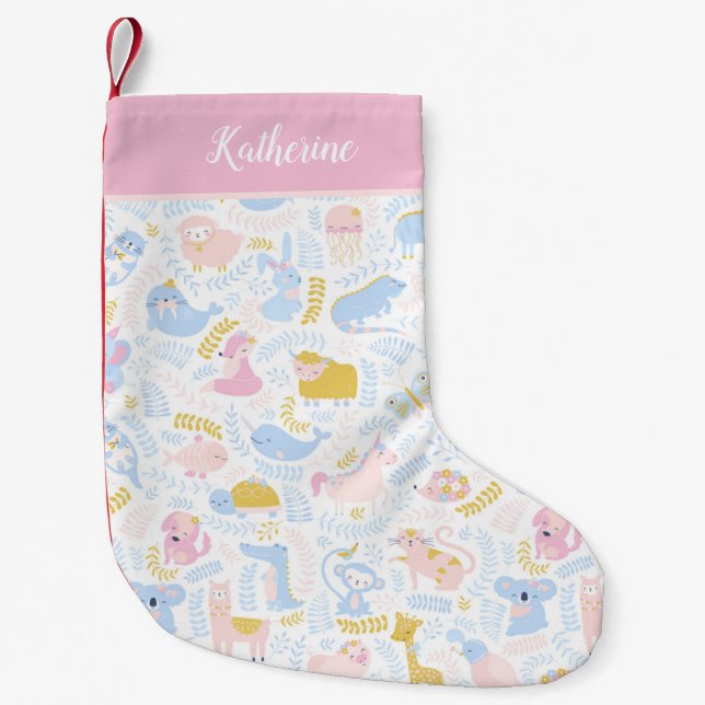 Niedliche Pastel Zoo Tiermuster Baby Girl Pink Kleiner Weihnachtsstrumpf (Vorderseite)