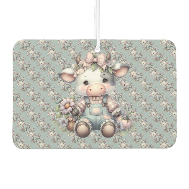 Niedliche Pastell Babykuh in Overalls mit Blume Autolufterfrischer (Vorderseite)