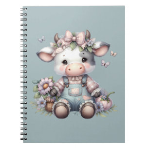 Niedliche Pastell Babykuh in Overalls mit Blume Notizblock
