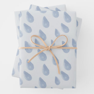 Niedliche Pastell Blau & Creme Raindrop Wasserfarb Geschenkpapier Set