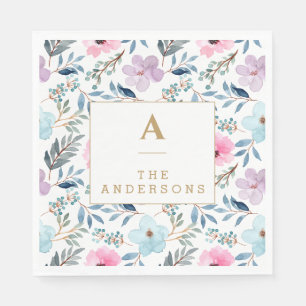 Niedliche Pastell Blue Watercolor-Blume Monogramm Serviette