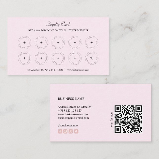 Niedliche Pastell Pink QR Code Treuekarte (Vorne/Hinten)