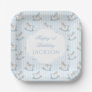 Niedliche pastellblaue Schaukelpferd-Baby-boy-Part Pappteller