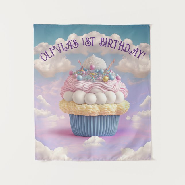 Niedliche Pastelle Cupcake Geburtstagsbanner Wandteppich (Vorderseite)