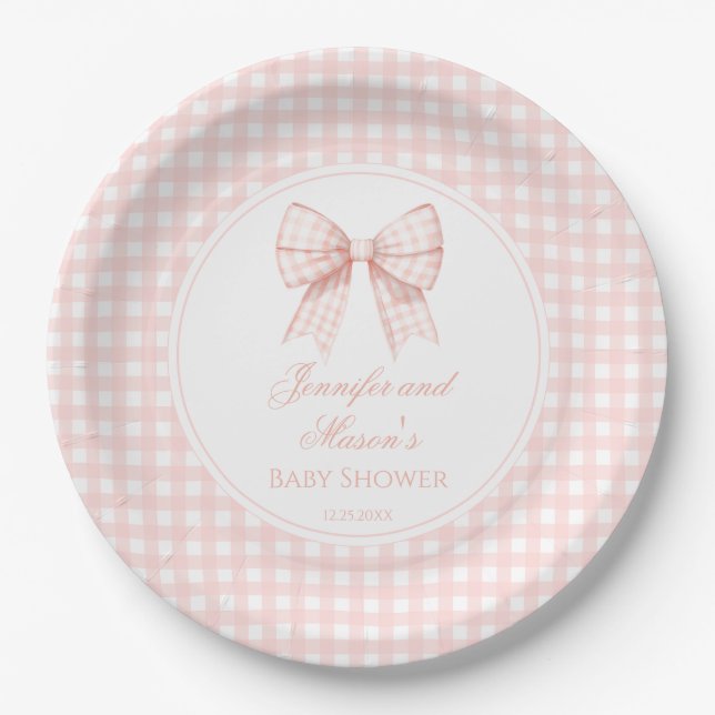 Niedliche pastellrosa Bugband Babydusche Pappteller (Vorderseite)