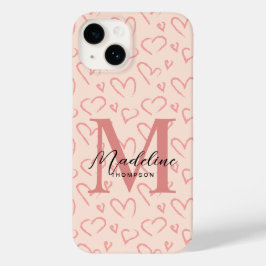 Niedliche Pastellrosa Herz-Muster-Script Monogram Case-Mate iPhone 14 Hülle
