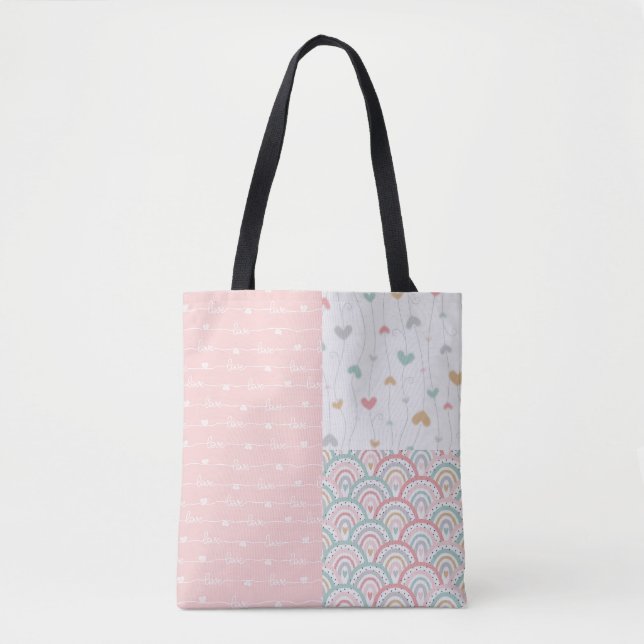 Niedliche Patchwork-Liebe Herz-Rainbow-Tote-Beutel (Vorderseite)