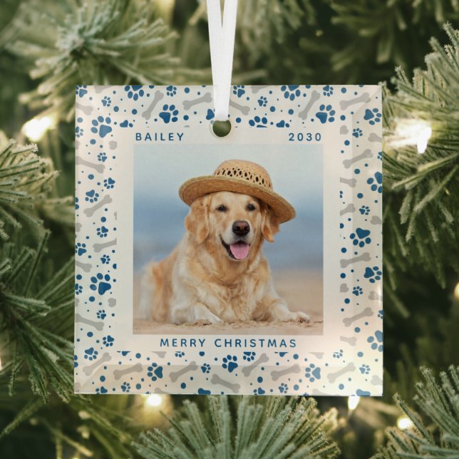 Niedliche Paw-Druckknochen für Hunde Holiday-Foto Ornament Aus Glas (Insitu)