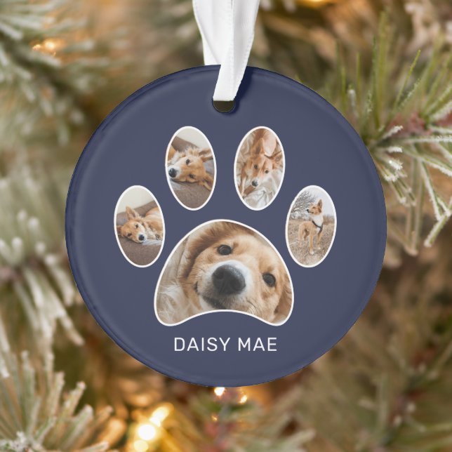Niedliche Paw Print Pet Name Jahr Foto Collage Bla Ornament (Baum)