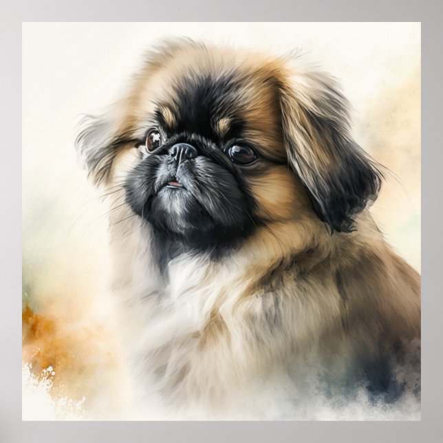 Niedliche Pekingese Welpe Aquarellmalerei Poster (Vorne)