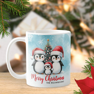 Niedliche Penguin Familie Blue Red Frohe Weihnacht Kaffeetasse