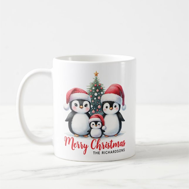 Niedliche Penguin Familie Moderne frohe Weihnachte Kaffeetasse (Links)
