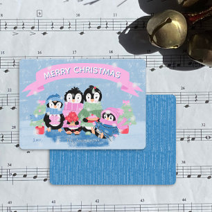 Niedliche Penguin Family Blue Flat Ferienkarte Feiertagskarte