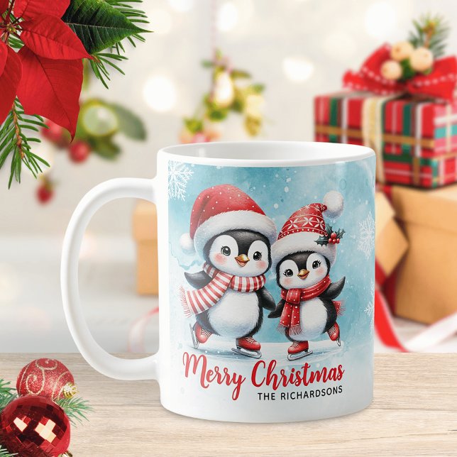 Niedliche Penguin Ice Skater Rot und Blau Weihnach Kaffeetasse (Von Creator hochgeladen)