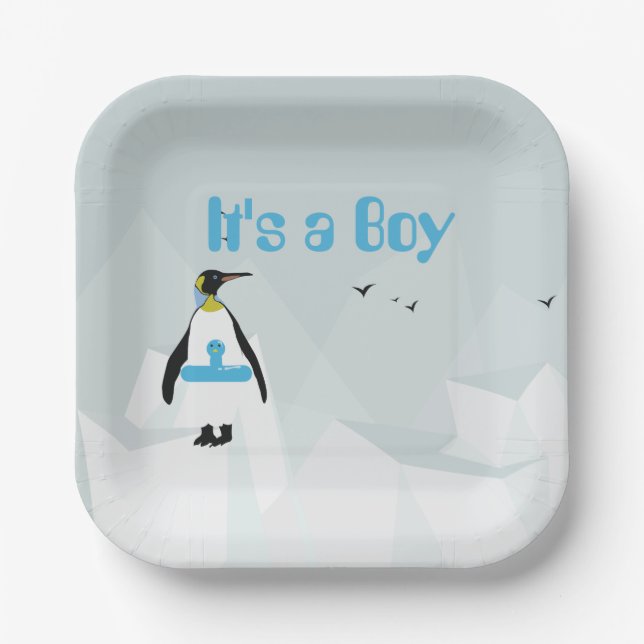 Niedliche Penguin "It's a Boy" Babydusche Pappteller (Vorderseite)