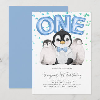Niedliche Penguin Kinder Erster 1. Geburtstag Einladung