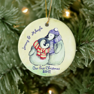 Niedliche Penguin-Paare "unser erstes Weihnachten Keramik Ornament