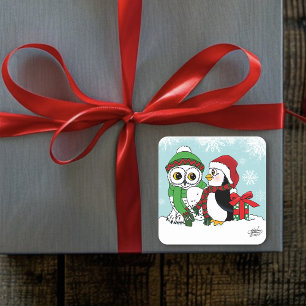Niedliche Penguin Snowy Owl Freundschaft Quadratischer Aufkleber