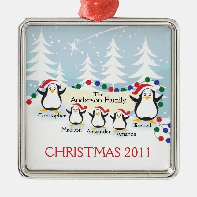 Niedliche Penguins-Familie Verzierung der Silbernes Ornament (Vorne)
