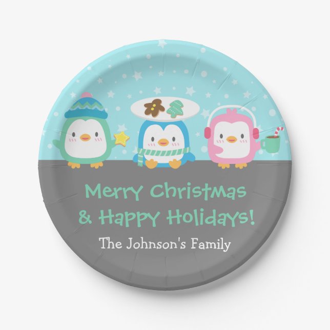 Niedliche Penguins-frohe Pappteller (Vorderseite)