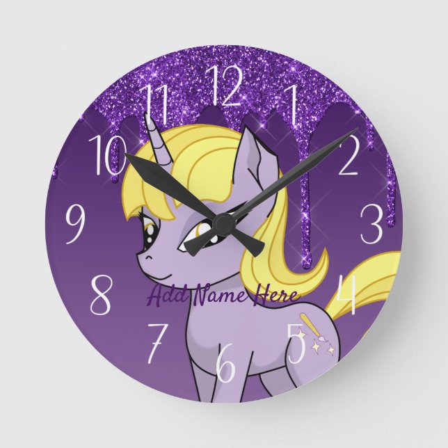 Niedliche Personalisierte Einhorn-Uhr Runde Wanduhr (Vorderseite)