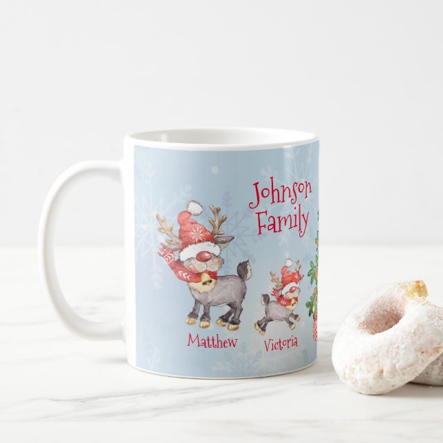Niedliche Personalisierte Familie von 4 Rentieren  Kaffeetasse (Mit Donut)