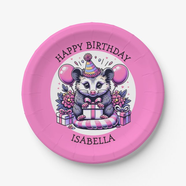 Niedliche Personalisierte Girl's Birthday Possum Pappteller (Vorderseite)
