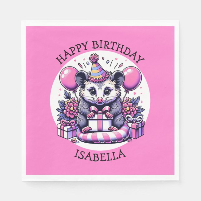 Niedliche Personalisierte Girl's Birthday Possum Serviette (Vorderseite)